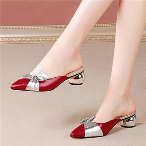 Women Fashion Plus Size High Quality Beige Square Heel Summer Shoes Lady Casual Sweet Party Red High Heel Shoes Slippers