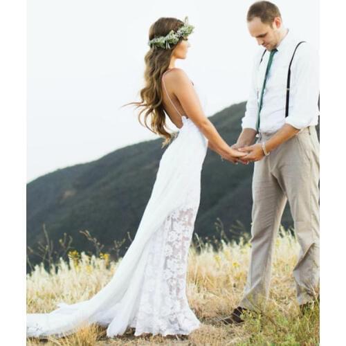 2020 Backless Country Wedding Dress Skirt Appliques Lace Spaghetti Straps A-Line Summer Boho Wedding gown Vestido De Noiva