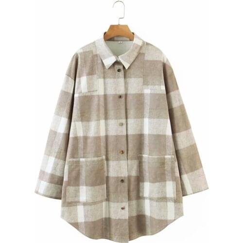 Nice Vintage Woman Beige Loose Plaid Patchwork Suede Leather Coat Spring Autumn Ladies Oversized Outerwear Female Chic Jackets