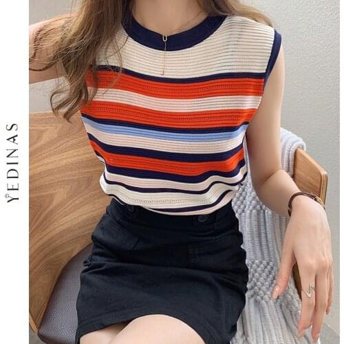 Yedinas Vintage Striped Sweater Vest O Neck Knitted Vest Korean Women Sleeveless Sweater Female Korean Style Sleeveless Pullover