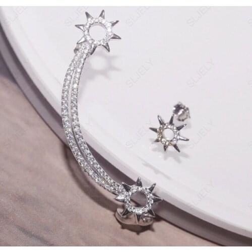 SLJELY Fashion Pure 925 Sterling Silver 3 Gold Colors Asymmetric Sun Earrings with Clip Micro Cubic Zirconia Women Fine Jewelry