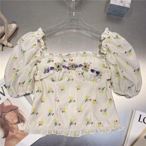 2021 Summer Women French Retro Pastoral Style Short Top Girl Color Diamond Beaded Square Collar Blouse Puff Sleeve Floral Shirt