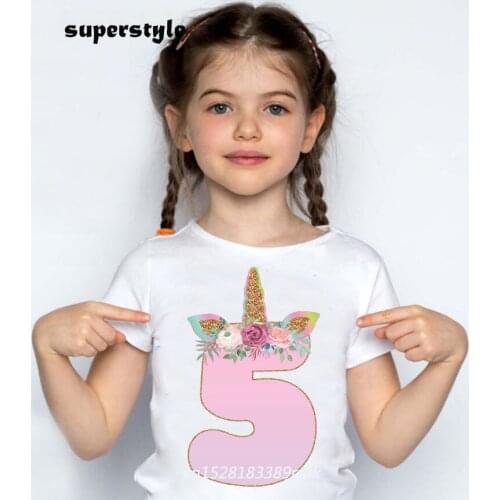 2021 Happy Birthday Cartoon Print Unicorn Girl T-shirt Children Summer Short Sleeve Tops Baby Kids Shirts Girls Clothes dHKP410