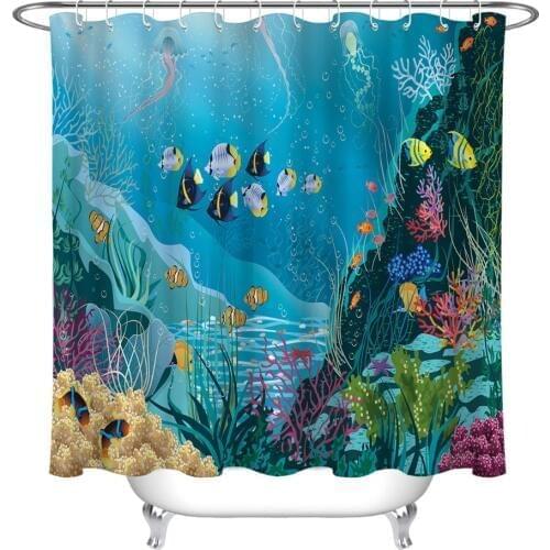 72'' Underwater Various Water Plants And Swimming Fishes Bathroom Waterproof Fabric Shower Curtain 12 Hooks Bath Accessory Sets