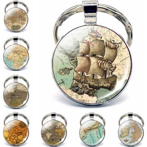 Vintage World Map Keychain Seven Continents, Four Oceans World Map Jewelry Glass Cabochon Metal Keyring Gift for Men Women
