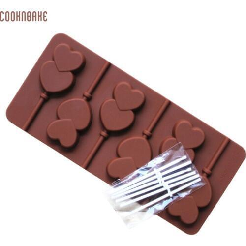 COOKNBAKE DIY Silicone Mold 6 Lattices Double of Love Lollipops DIY Chocolate Mold Come with a Plastic Rod CDSM-069