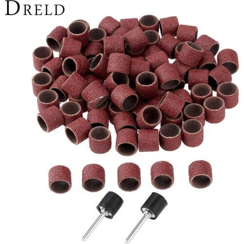 DRELD 100Pcs 12.7mm 1/2" Drum Sanding Band Nail Drill Bits + 2Pcs Band Mandrel 1/8" 3mm Shank for Rotary Tool Dremel Accessories