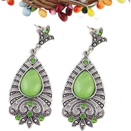 Ethnic Tribal Retro Silver Rhinestone Resin Gem Hollow Out Drop Dangle Earring Ear Stud Jewelry