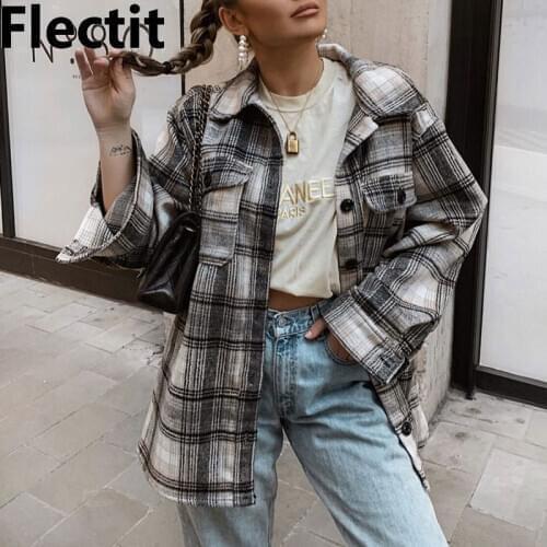 Flectit Women Plaid Overshirt Flannel Front Pocket Lapel Collar Long Sleeve Warm Wool Blend Oversize Womens Jackets & Coats