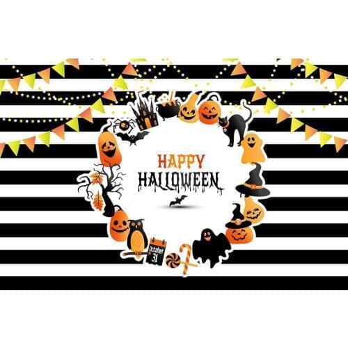Photography Background Black and White Stripes with Small Flags Backdrop for Halloween Party Orange Pumpkin Photo Backdrops Prop
