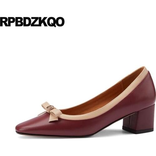 Kawaii Red Leather Pumps Low Heels Trending Shoes Top Quality Ladies Bow Girls Medium Block Size 33 Genuine Square Toe Sweet