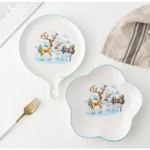 Ceramic Plate Creative Nordic Style Tableware Ceramic Single-handle Plum Blossom Plate Binaural Baking Tray Household Dishes