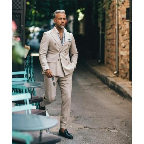 Handsome Double Breasted Wedding Tuxedos Peaked Lapel Men Designer Jacket Formal Party Prom Wear (Jacket+Pants)