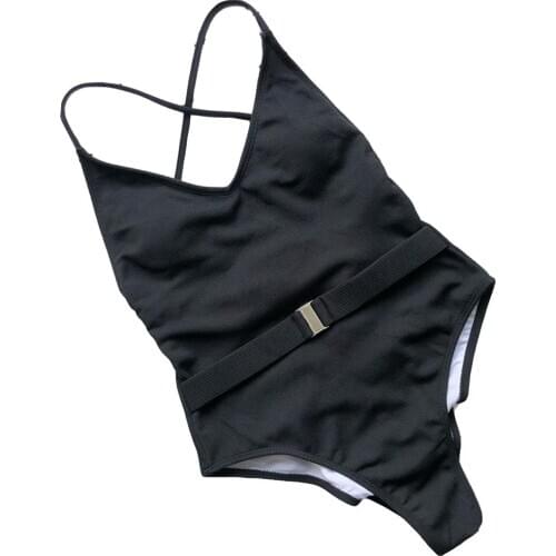 Swimwear Women 2020 Sexy Summer Solid Color Padded Belt V Neck Back Bandage Monokini Swimsuit Bathing Suit