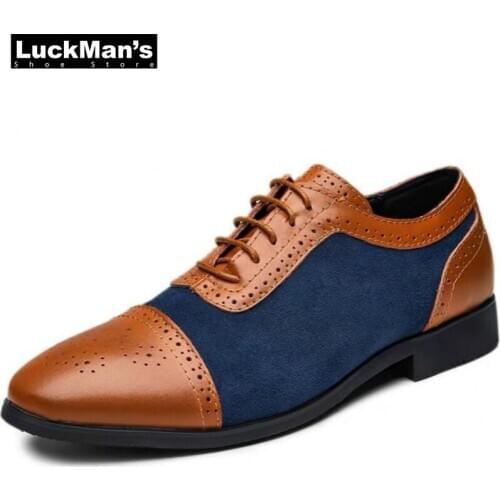 New Arrival Formal Mens Business Dress PU Leather Shoes Men Vitage Design Lace-up Splicing Suede Cloth And Leather Casual Shoes
