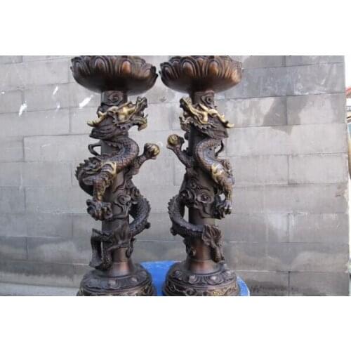 Song voge gem S1171 15 Chinese royal classical Red Bronze Copper Two Dragon candlestick pair Statue