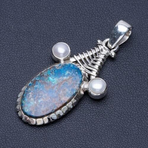 Natural Chrysocolla and River Pearl Punk Style 925 Sterling Silver Pendant 2" Q0864