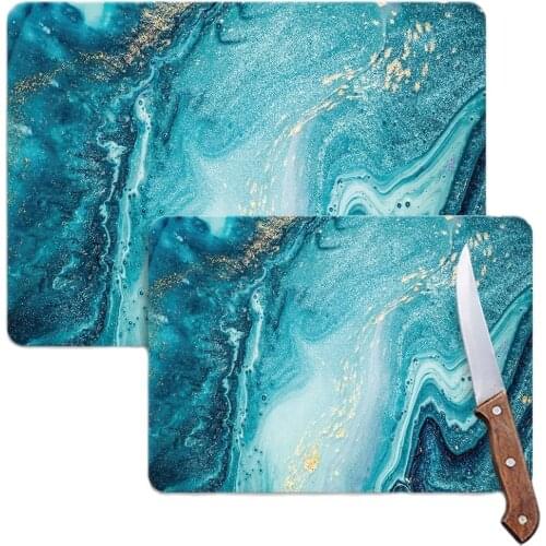 White Blue Marble Looking Glass Cutting Board Set Two Pieces Design Kitchen Glass Cutting Board 20x30 and 30x40 Restrained