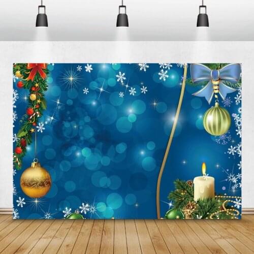 Merry Christmas Blue Light Bokeh Background Golden Balls Pine Leaves Winter Snoeflake Pattern Photography Backdrop Photo Studio