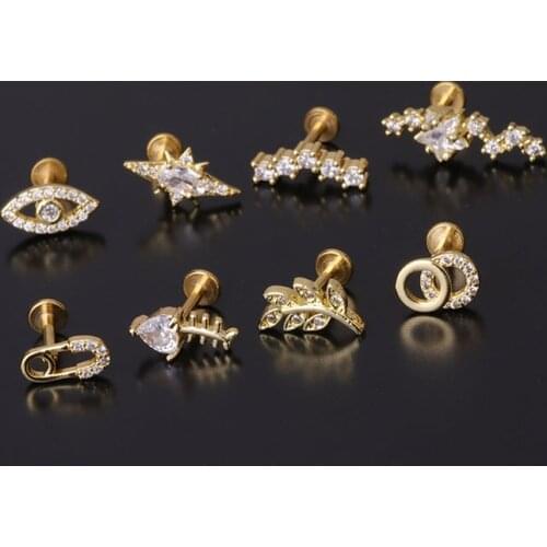 New 1PC 16G Flat Labret Back Ear Piercing Jewelry Fish Eye Leaves Circon Crystal Helix Daith Conch Tragus Cartilage Stud Earring