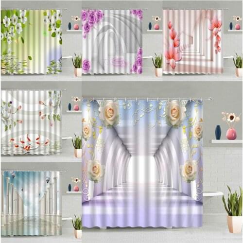 Rose Flower Shower Curtain Plant Floral Printed Corridor Roman Column Scenery Bathroom Decor Waterproof Bath Screen Curtains Set