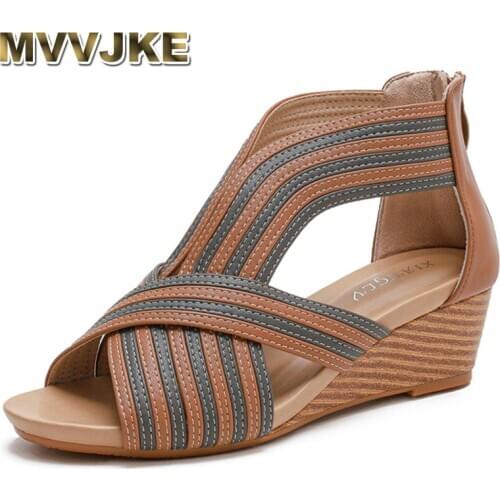 MVVJKESimi Slope Heel Sandals Womens Mid-heel 2021 Summer New European Fashion Casual Bag Heel Zipper Roman Shoes Ladies Sandal