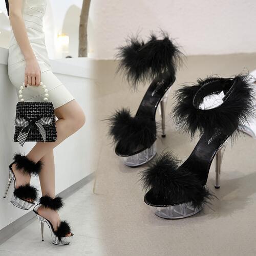 Female Sandals Women Platform Model T Stage Shows 2019 Summer Shoes Sexy High Heels 15cm Shoes Feathers Bride Wedding Shoes