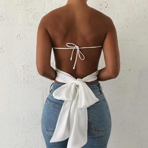 Dulzura Satin Women Halters Lace Up Bandage Backless Elegant Party Streetwear Club 2020 Autumn Winter Crop Top Tanks Solid