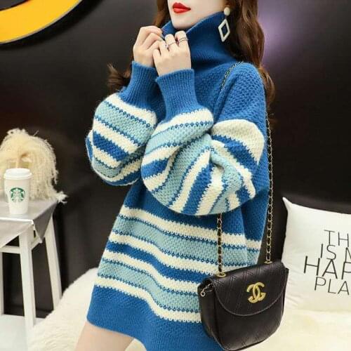 2021 Women Autumn Winter New Turtleneck Long Jumpers Female Loose Thick Knitted Tops Ladies Striped Casual Sweater Tops Y616