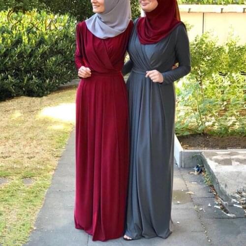 Y166 Women Muslim Long Sleeve Abaya Maxi Dress Cross Ruched V-Neck Belted High Waist Pleated Robe Ramadan Dubai Hijab Kaftan