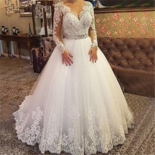 Robe De Mariee 2019 Ball Gown Puffy lace Wedding Dress long sleeve beaded sashes Vestidos De Novia Marriage Bridal Gown