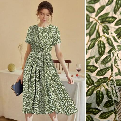 1 Meter Light Green Leaf Print Silk Crepe De Chine Wide Dress Shirt Fabric