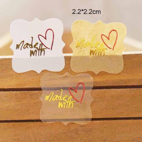 200pcs made with love label stickers DIY handmade gold sticker labels pvc transparent thank you gift /jewelry/cookies label tag