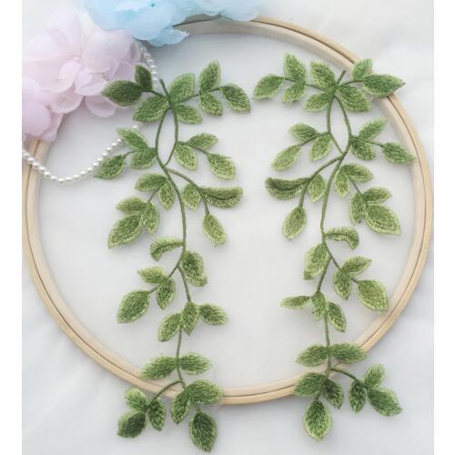 5 Pairs Mirror Pair Green Leaf Lace Appliqued Trims Ganza Embroidered Bridal Lace Motif 29*12cm