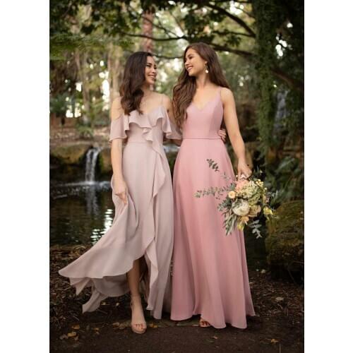 Bohemian Formal Wedding Bridesmaid Dress V-Neck Off Shoulder Cap Sleeve Ruffles Backless Floor Length High Low Evening Gown New