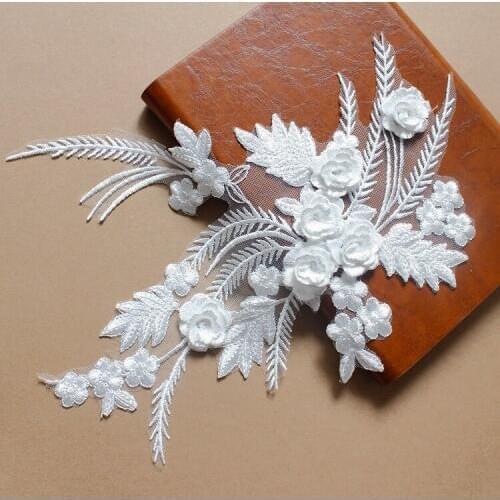 Ivory polyester embroidery 3D lace patch flower wedding dress hand diy lace fabric