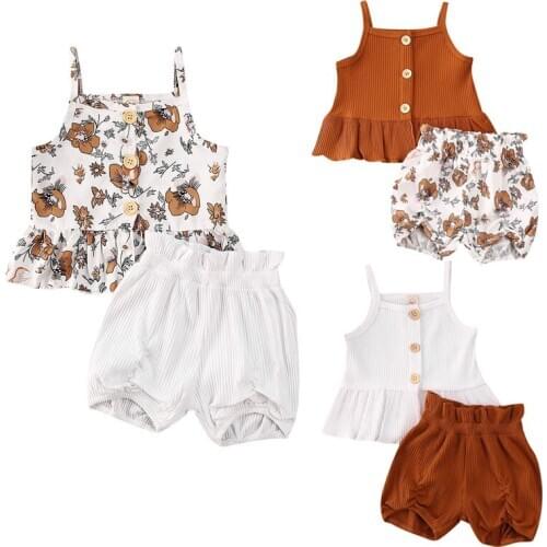 2Pcs Kids Baby Girl Clothes Sleeveless Tops Dress Flower Shorts Pants Outfit Set