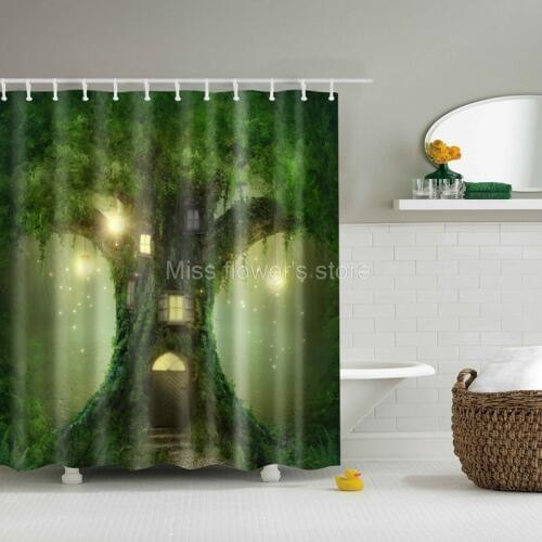 Dream Green Tree House Stone Design Custom Shower Curtain Bathroom Waterproof Mildewproof Polyester Fabric With 12 Hooks