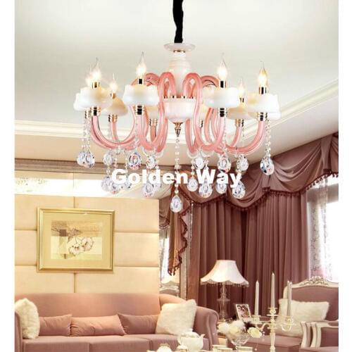 European Modern Little Girl Living Room Chandelier Bedroom Lamp Lighting Pink White Jade Shade Crystal Lustre E14 Candle Lights