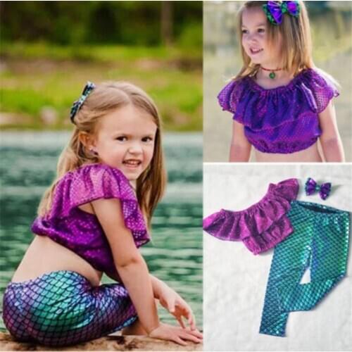 New Arrived Mermaid Princess Clothes For Kids Baby Girls Outfits Summer Sequins Tops+Mermaid Leggings+Head Band Costume Clothing