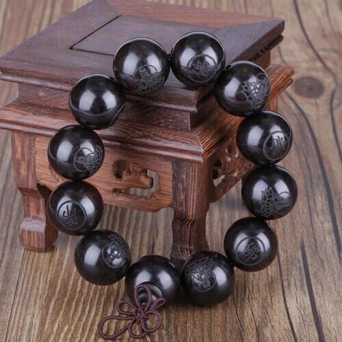 Natural black sandalwood round wood wooden beads caved GuanYin the goddess of compassion buddhism bracelets Rosary prayer beads