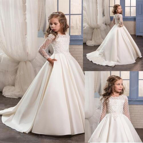 Princess Lace Stain Flower Girl Dresses For Wedding Sheer Long Sleeves First Communion Birthday Party Pageant Girls Dresses