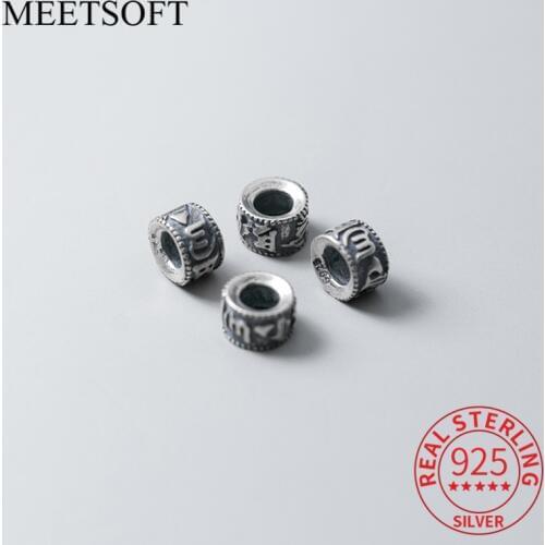 MEETSOFT 925 Silver Retro Frosted Six Words Mantra Spacer Beads DIY Silver Beads For Necklace Bracelets DIY Jewelry Accessory