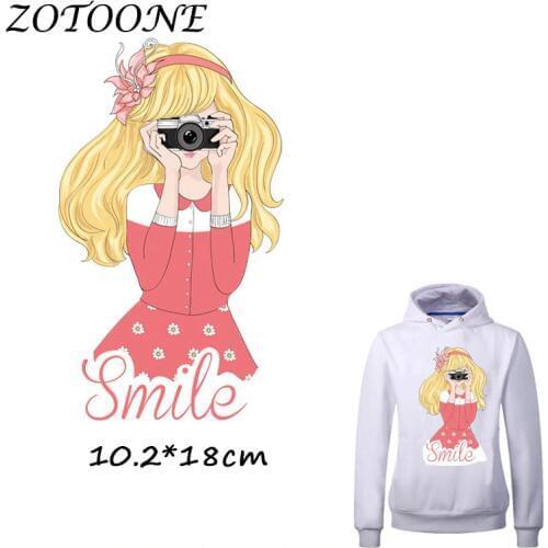 ZOTOONE Iron on Patches for Clothes Heat Transfer Smile Camera Blond Girl Patch T Shirt Stickers for DIY Accessory Applique Kids