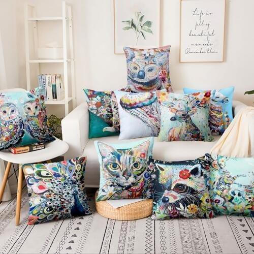 Colourful Watercolor Animal Oil Painting Printed Pillowcase Thin Linen Cushion Decorative Pillow Home Decor Sofa Throw Pillows