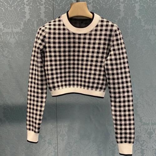 2021 new plaid sweater women round neck pullover short slim bottom French knitted top
