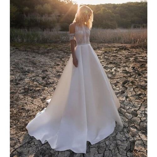 2021 New Bohemian Vintage Boho Wedding Dresses Lace Satin Bridal Gowns Beach Custom Made Robe De Mariee