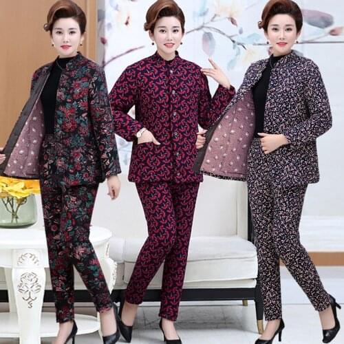Middle age clothing winter New Thick printing Cotton suit Large size clothing for women Two-piece set 4XL Loose Top + pants Snow
