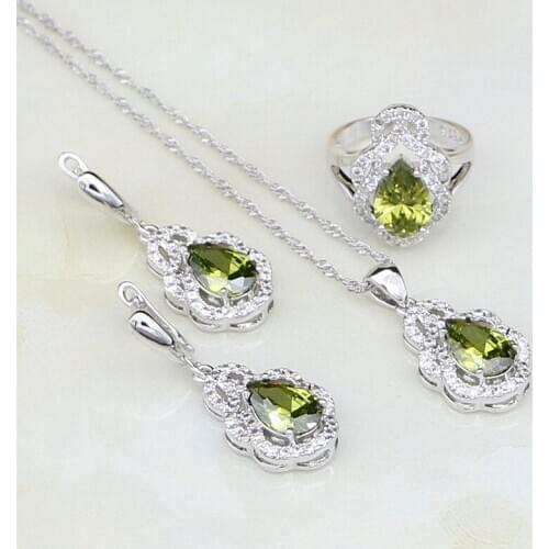 Olive Green Birthstones 925 Sterling Silver Jewelry White CZ Earrings/Pendant/Necklace/Ring Jewelry Sets For Women Wedding