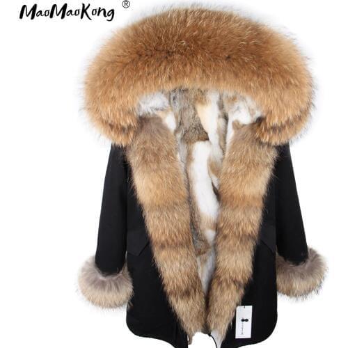 Fall 2020 Rabbit Fur Lining Winter Jacket Coat Long hooded Parka Women parkas outwear Large raccoon fur collar winter Parka